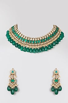 Gold Finish Green Onyx Drops Choker Necklace Set