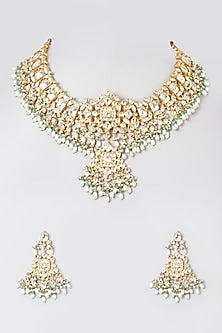 Gold Finish Pearl & Mint Green Onyx Drops Choker Necklace Set
