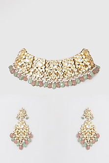 Gold Finish Mint Green & Pink Drop Choker Necklace Set