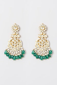 Gold Finish Kundan Polki & Green Onyx Drops Chandbali Earrings