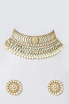 Gold Finish Mint Kundan Polki Necklace Set