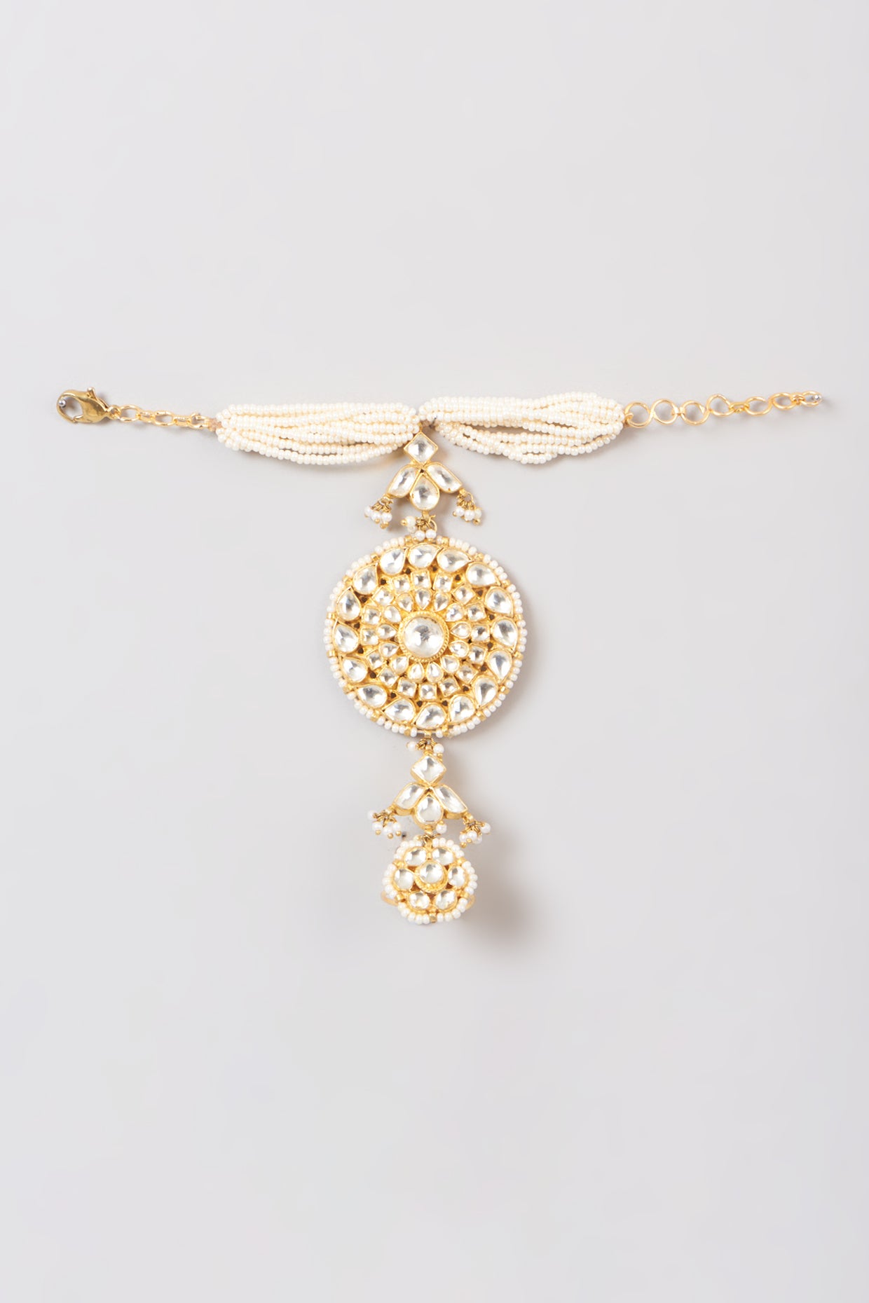 Gold Finish Pearl & Kundan Polki Hathphool
