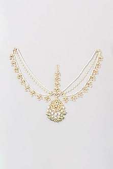 Gold Finish Pearl & White Kundan Polki Mathapatti