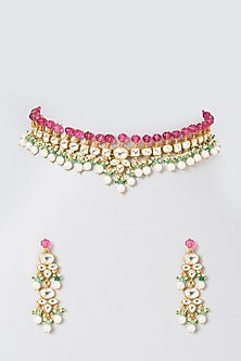 Gold Finish Pink & White Kundan Polki Choker Necklace Set