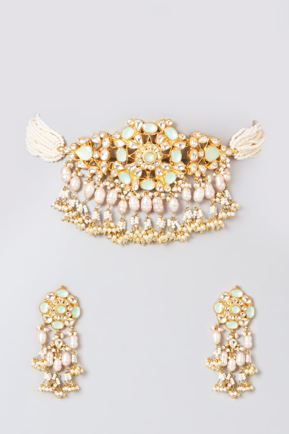 Gold Finish Mint Kundan Polki Choker Necklace Set
