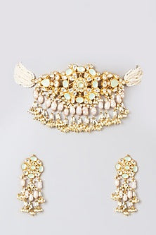 Gold Finish Mint Kundan Polki Choker Necklace Set