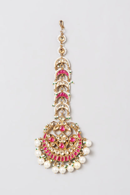 Gold Finish Red Kundan Polki Maang Tika