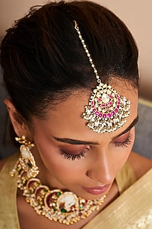 Gold Finish Kundan Polki & Green Onyx Pearl Maangtikka