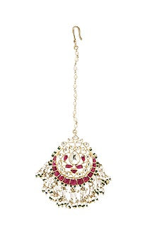 Gold Finish Kundan Polki & Green Onyx Pearl Maangtikka
