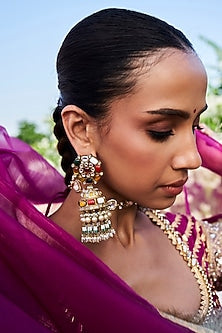 Gold Finish Navratna & Pearl Jhumka Earrings