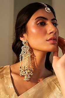 Gold Finish Kundan Polki & Pearl Dangler Earrings