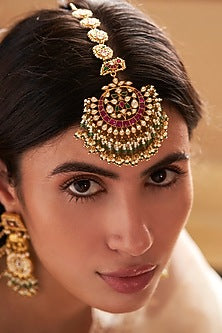 Gold Finish Kundan Polki & Green Onyx Pearl Maangtikka