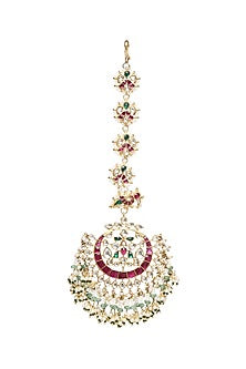 Gold Finish Kundan Polki & Green Onyx Pearl Maangtikka