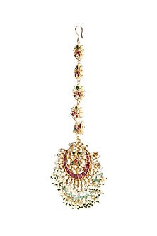 Gold Finish Kundan Polki & Green Onyx Pearl Maangtikka