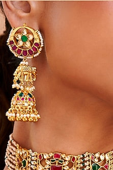 Gold Finish Kundan Polki & Pearl Jhumka Earrings