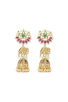 Gold Finish Kundan Polki & Pearl Jhumka Earrings