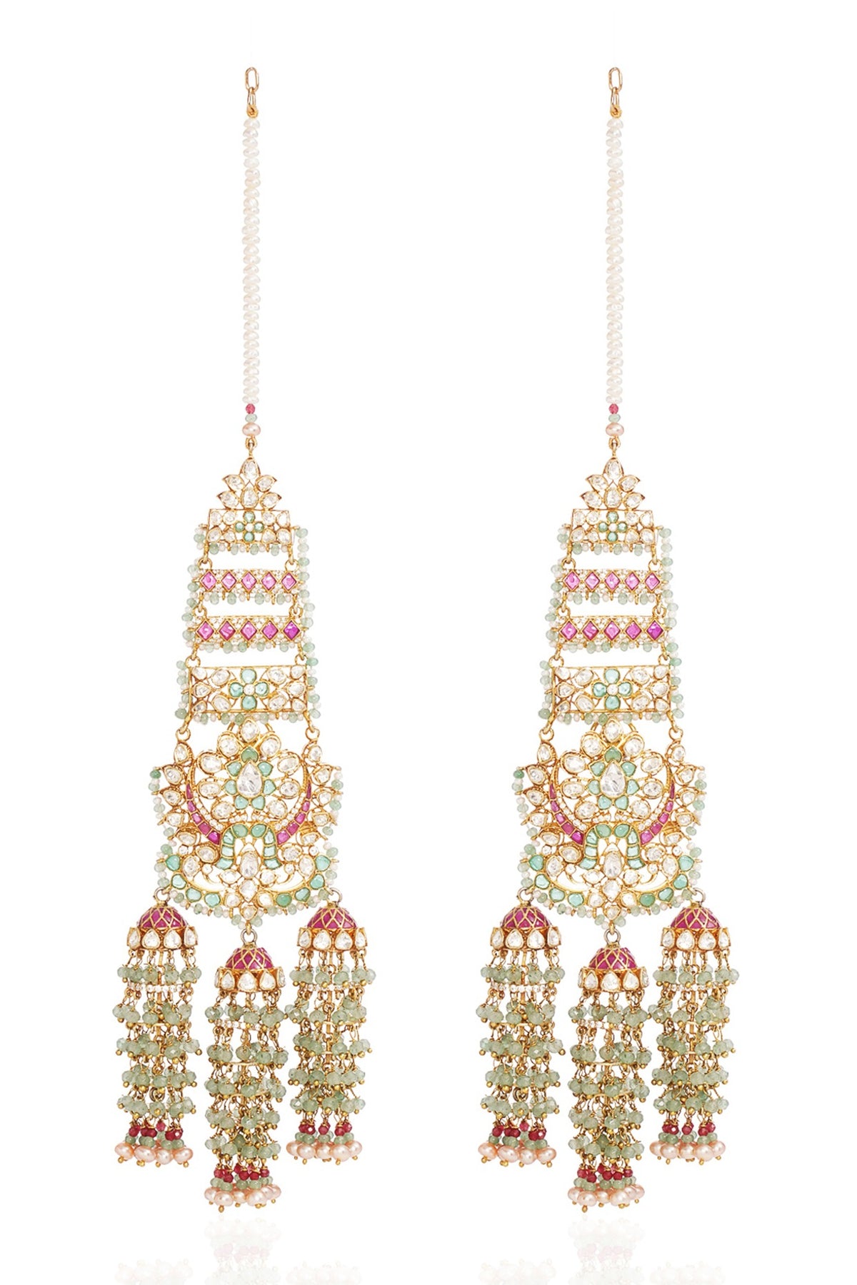 Gold Finish Moissanite & Fluorite Drop Dangler Earrings In Sterling Silver