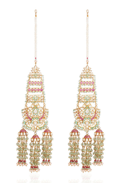 Gold Finish Moissanite & Fluorite Drop Dangler Earrings In Sterling Silver