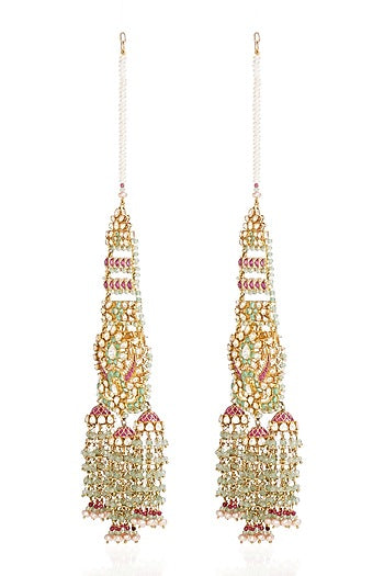 Gold Finish Moissanite & Fluorite Drop Dangler Earrings In Sterling Silver