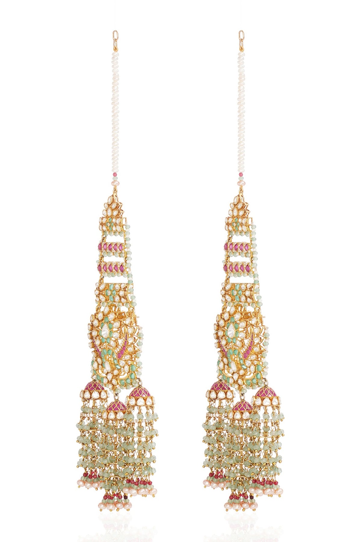 Gold Finish Moissanite & Fluorite Drop Dangler Earrings In Sterling Silver