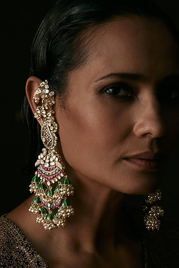 Gold Finish Moissanite & Green Onyx Dangler Earrings In Sterling Silver