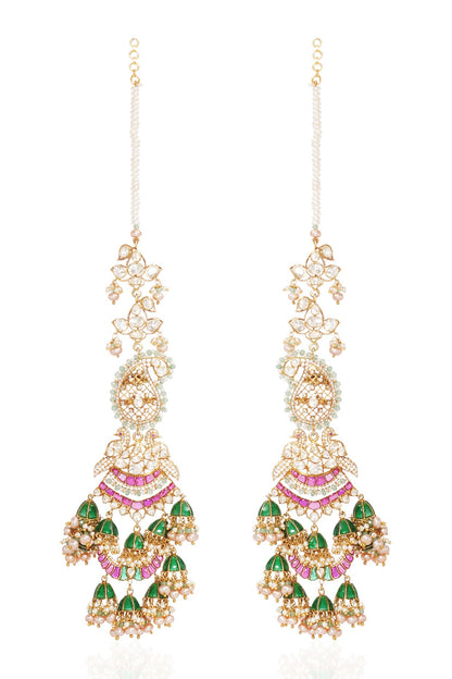 Gold Finish Moissanite & Green Onyx Dangler Earrings In Sterling Silver