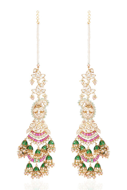 Gold Finish Moissanite & Green Onyx Dangler Earrings In Sterling Silver
