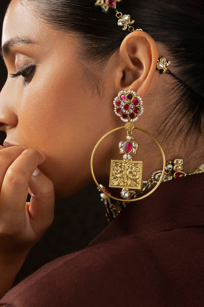 Gold Finish Kundan Polki Statement Earrings