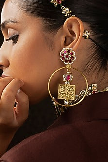 Gold Finish Kundan Polki Statement Earrings