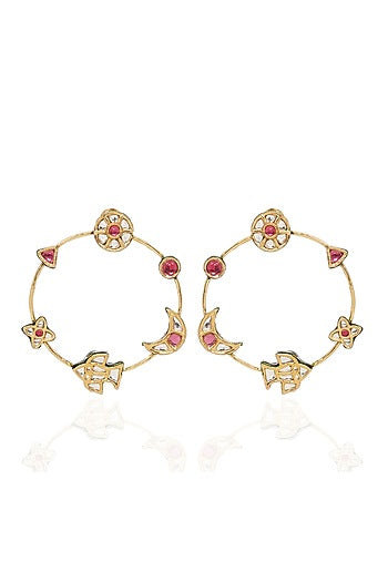 Gold Finish Kundan Polki & Ruby Statement Earrings