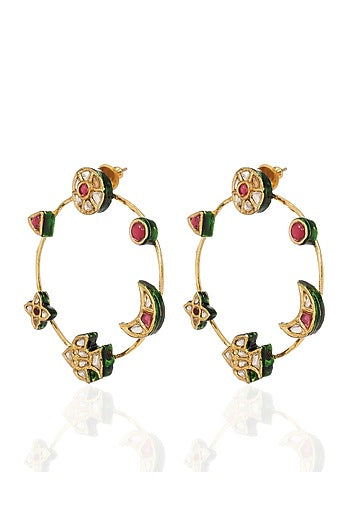 Gold Finish Kundan Polki & Ruby Statement Earrings