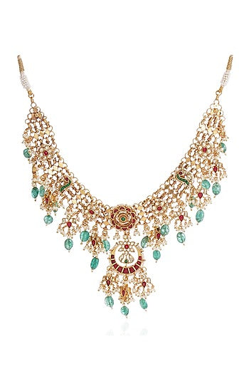 Gold Finish Kundan Polki & Green Onyx Necklace Set