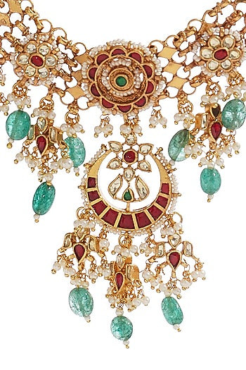 Gold Finish Kundan Polki & Green Onyx Necklace Set