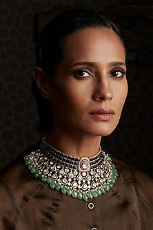 Gold Finish Kundan Polki & Pearl Choker Necklace Set
