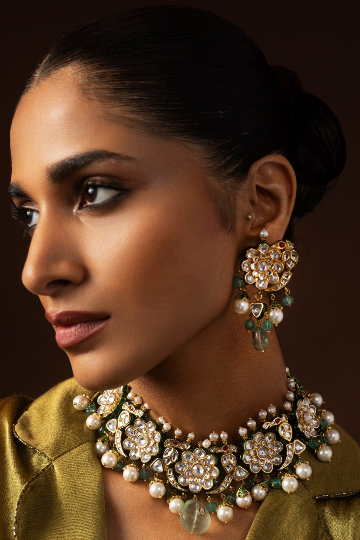 Gold Finish Kundan Polki & Fluorite Drop Choker Necklace Set