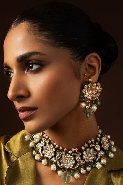 Gold Finish Kundan Polki & Fluorite Drop Choker Necklace Set