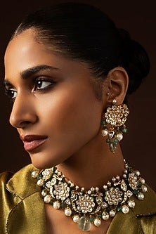 Gold Finish Kundan Polki & Fluorite Drop Choker Necklace Set
