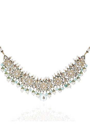 Gold Finish Kundan Polki & Fluorite Drop Choker Necklace Set