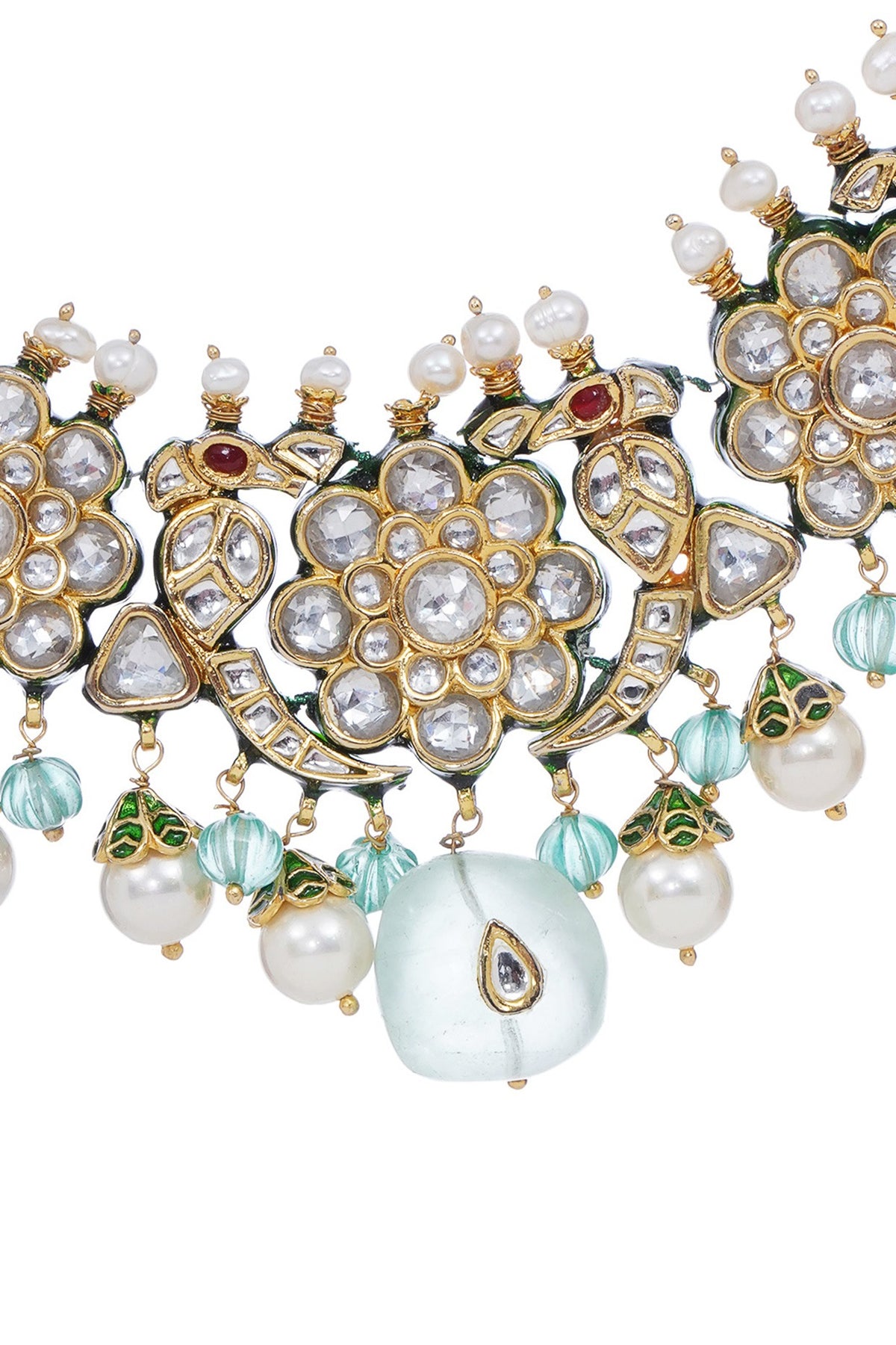 Gold Finish Kundan Polki & Fluorite Drop Choker Necklace Set