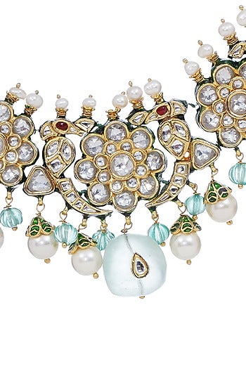 Gold Finish Kundan Polki & Fluorite Drop Choker Necklace Set