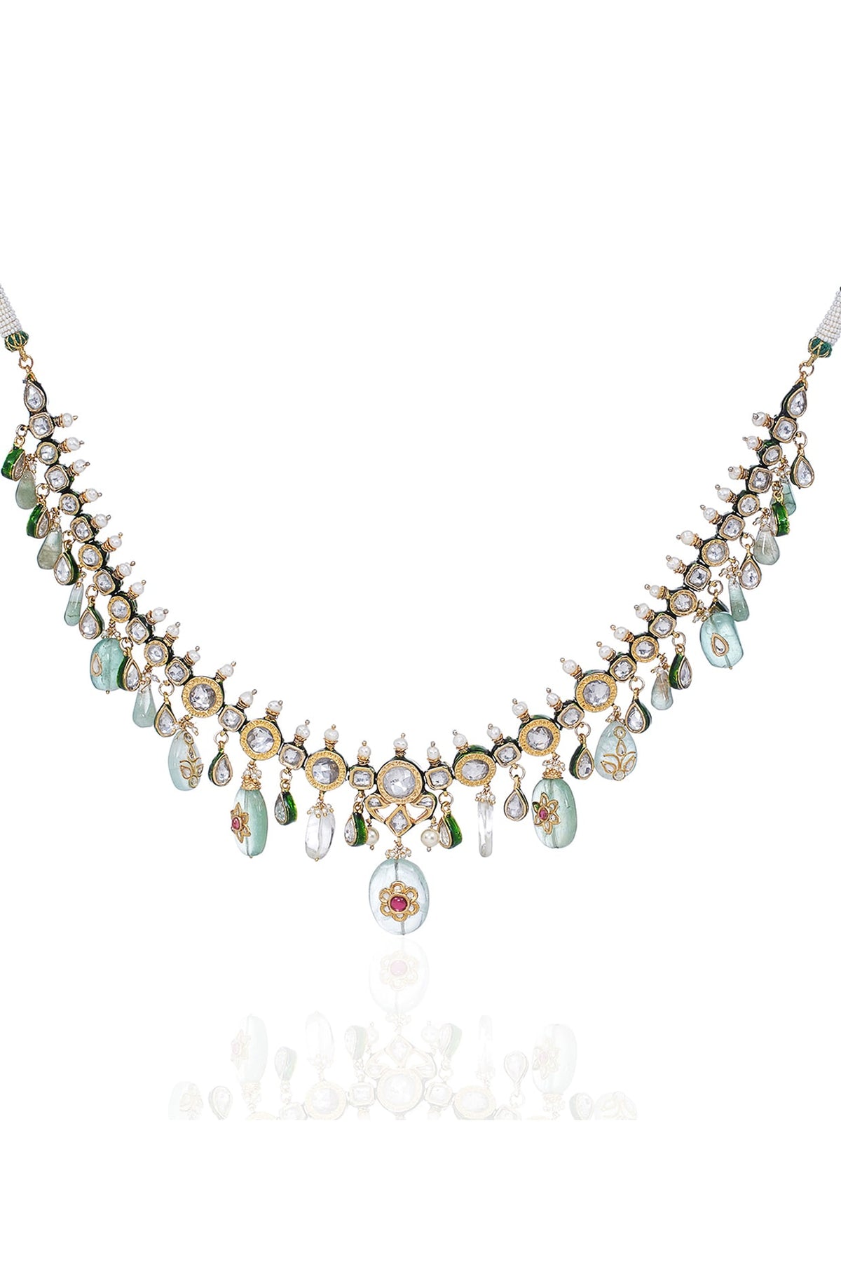Gold Finish Kundan Polki Long Necklace Set