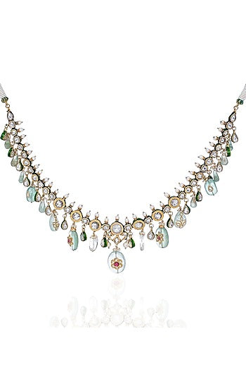 Gold Finish Kundan Polki Long Necklace Set