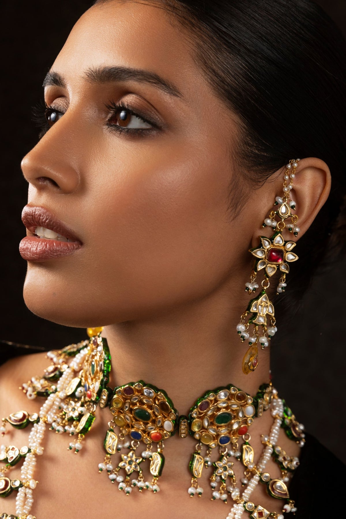Gold Finish Navratna Stone & Green Onyx Choker Necklace