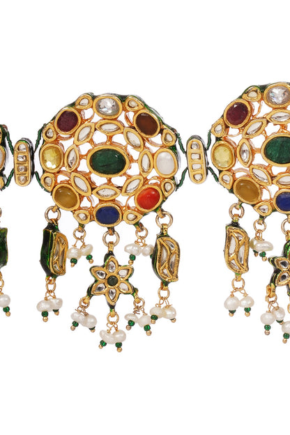Gold Finish Navratna Stone & Green Onyx Choker Necklace