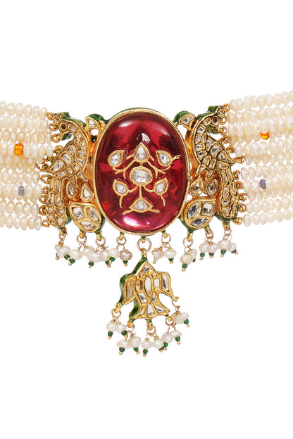 Gold Finish Kundan Polki & Ruby Choker Necklace