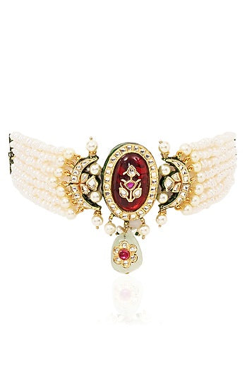 Gold Finish Kundan Polki & Ruby Choker Necklace