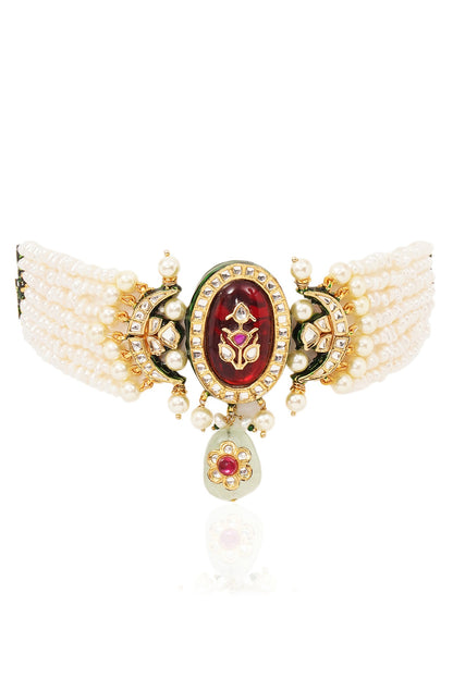 Gold Finish Kundan Polki & Ruby Choker Necklace