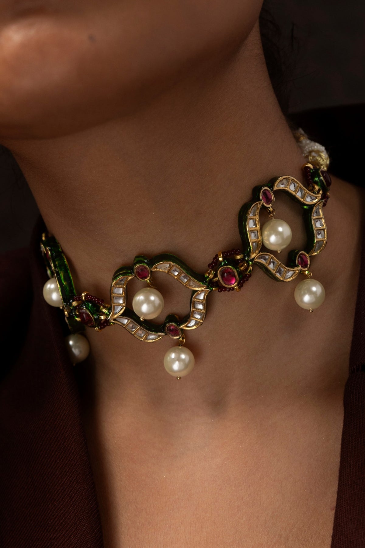 Gold Finish Kundan Polki & Ruby Choker Necklace Set