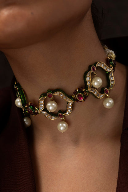 Gold Finish Kundan Polki & Ruby Choker Necklace Set
