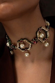 Gold Finish Kundan Polki & Ruby Choker Necklace Set